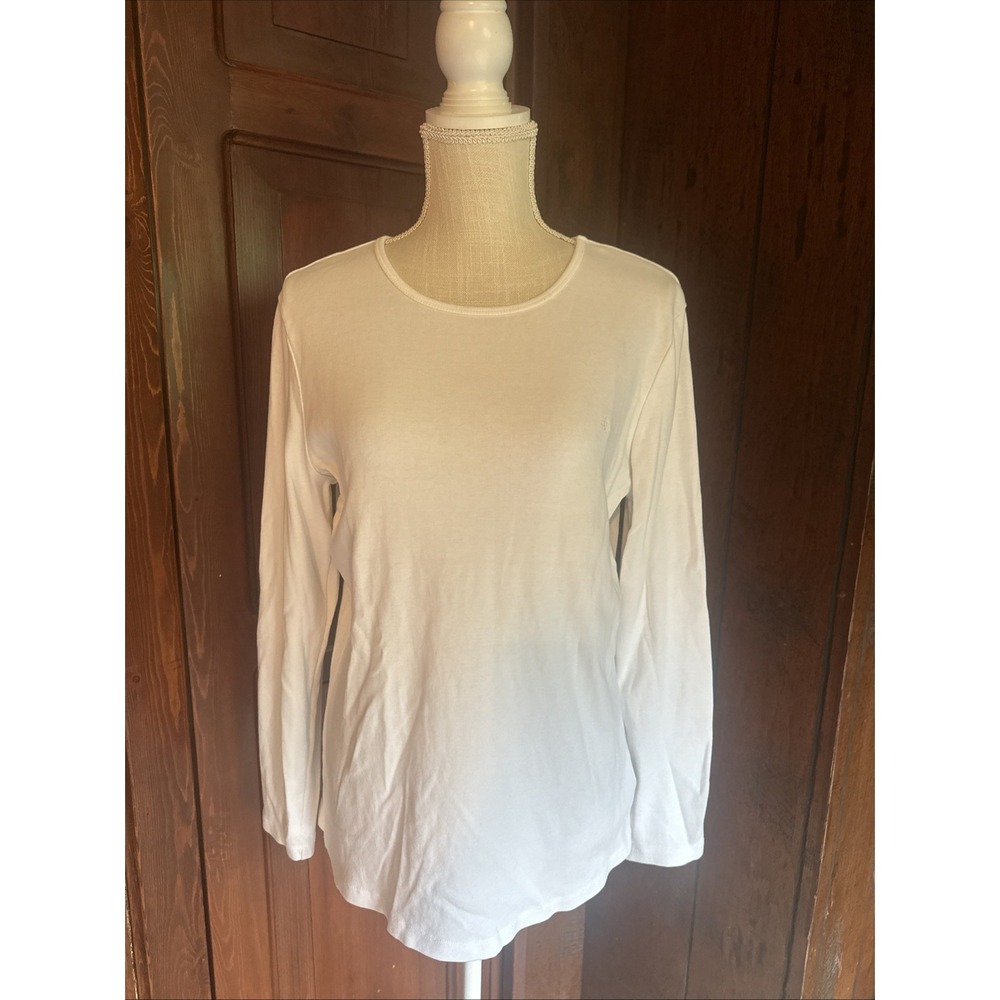 Lauren Ralph Lauren Womens White Long Sleeve Crew Neck T-Shirt Logo Size XL EUC